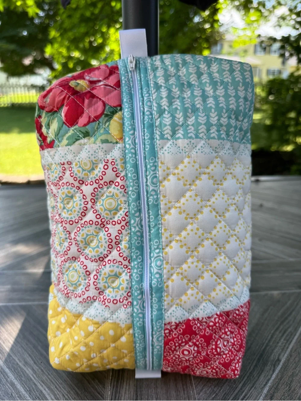 Hand Crafted Quilted Patchwork Zipper Pouch in Aqua, Red, Yellow Cosmetic Bag
